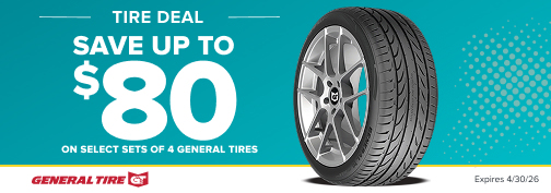 General Tire 4 Tire up to $80 Mail In Rebate 03-01-2026 through 04-30-2026